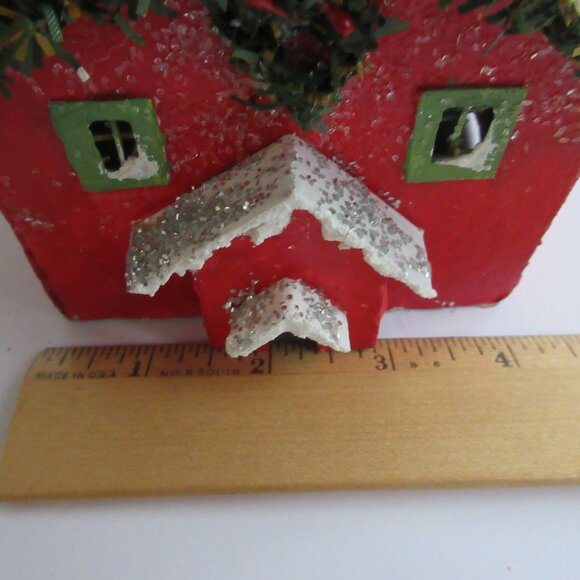 Handmade Putz Glitter Red House Retro Style Cardboard House Wreath Trim - Picture 9 of 11